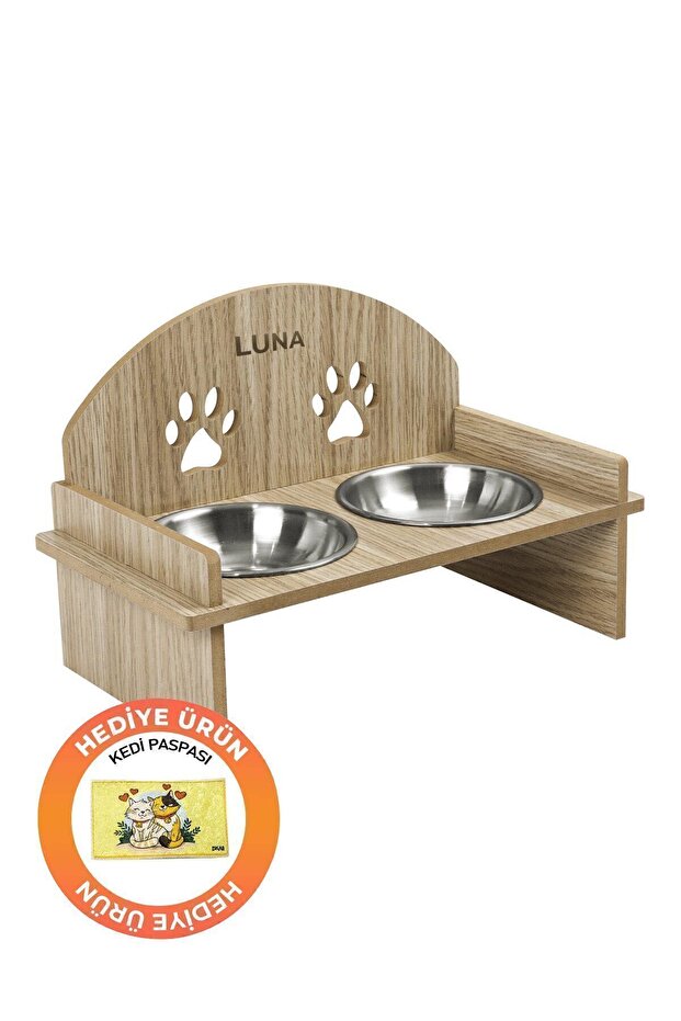 Ahşap Özel Isim Baskılı, Oval Kedi Köpek Mama Su Kabı Standı, Metal Suluk, Kedi Köpek Halısı Dogan Bazaar