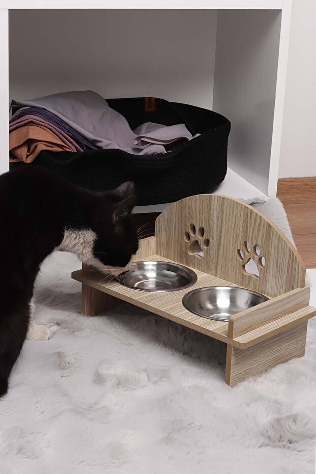 Ahşap Özel Isim Baskılı, Oval Kedi Köpek Mama Su Kabı Standı, Metal Suluk, Kedi Köpek Halısı Dogan Bazaar