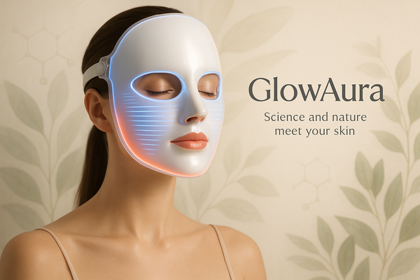 marka adı GlowAura Image: Woman wearing an LED mask → Slogan: “Science and nature meet your skin